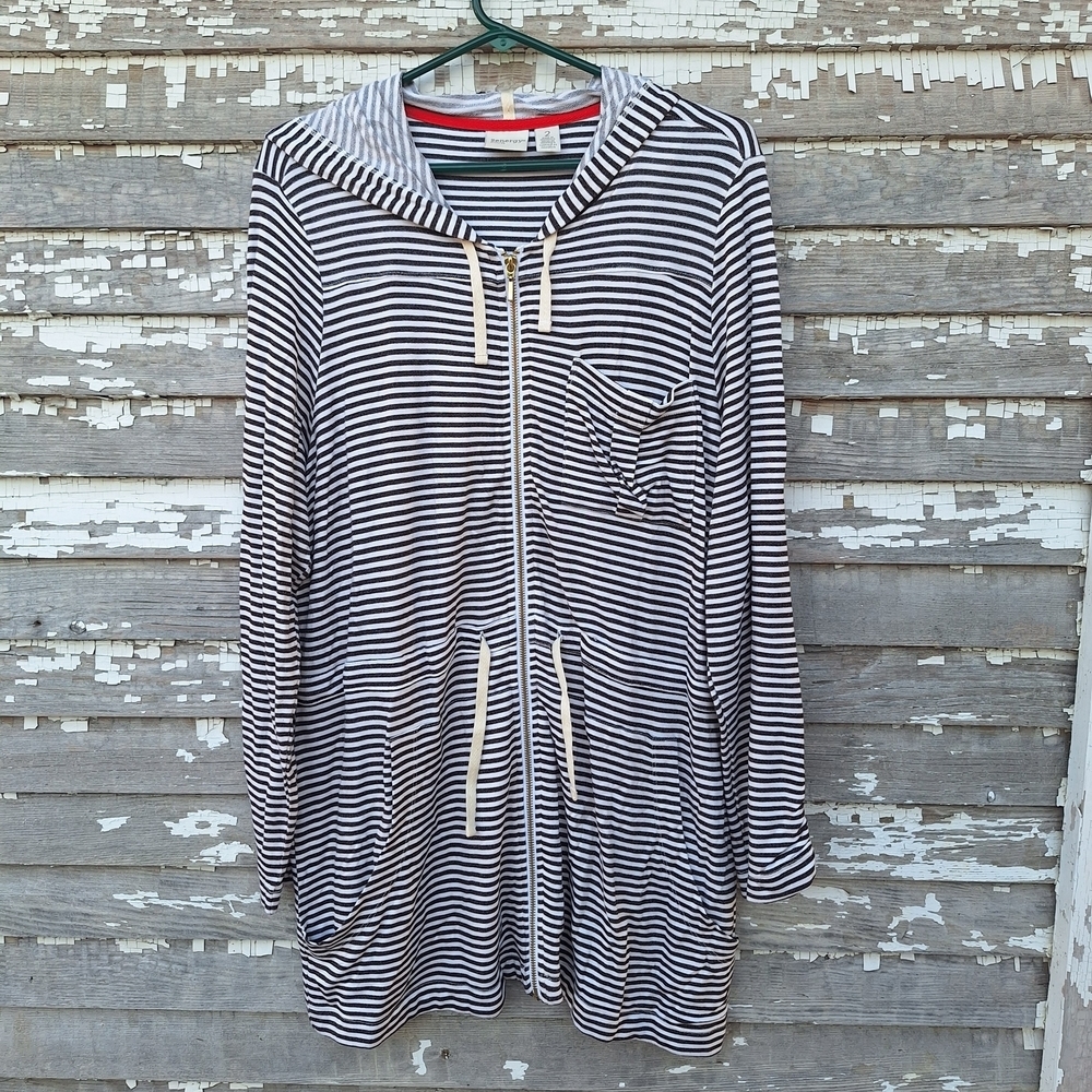 Chico's Black and White Striped Blouse Zip Up Jacket Size 2 Large